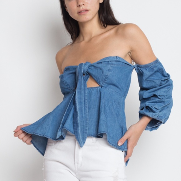 FLASH SALE!! Denim Bustier Tie Top Puff Sleeve - Picture 4 of 6